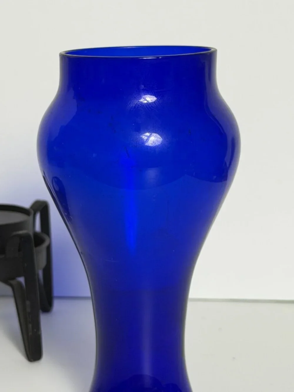 Vintage Cobalt Blue Glass Candle Holder Lantern Black Votive Metal MCM Modernist